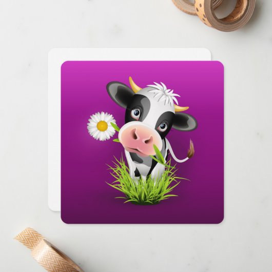 紫色の草の中の可愛いホルスタイン牛 ノートカード (正面/裏面インサイチュ)