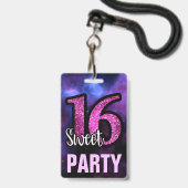 紫色の菓子16の誕生日のパーティの招待状IDカード バッジ (ストラップ付き表面)