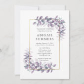 紫色の葉と金ゴールドフレームブライダルシャワー 招待状 (正面)