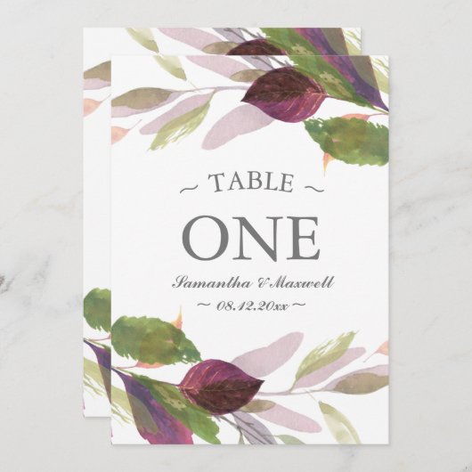 紫色の葉のテーブル番号を持つ秋の結婚式 (正面/裏面)