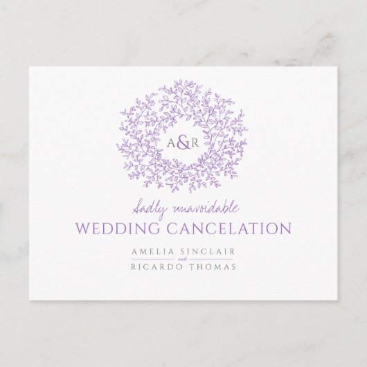 紫色の葉のモノグラムの結婚式中止のお知らせ 案内ポストカード (正面)