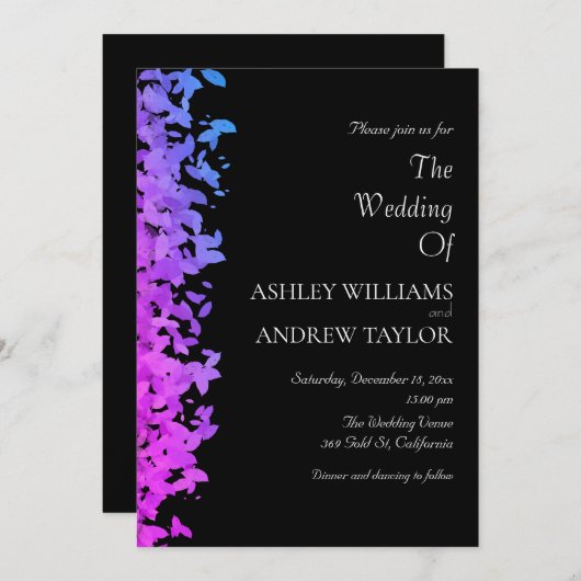 紫色の葉パタエレガントーン黒結婚色 招待状 (正面/裏面)