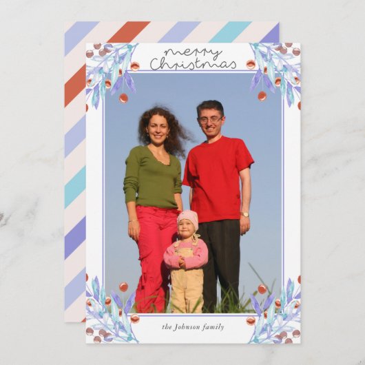 紫色の葉ホリーベリー写真クリスマスカード 招待状 (正面/裏面)