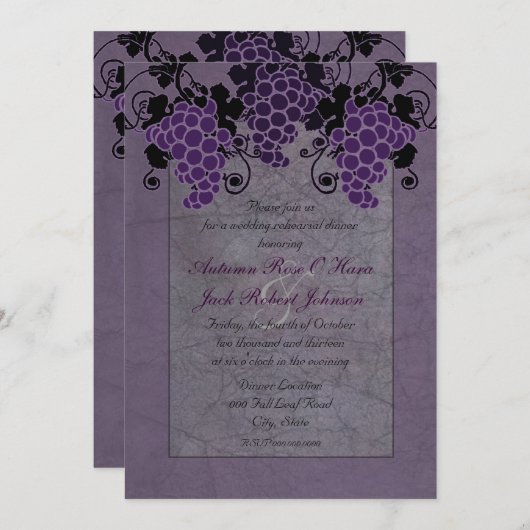 紫色の葡萄ビンテージウェディングリハーサルディナー 招待状 (正面/裏面)