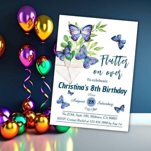 紫色の薄紫とブルーバタフライをテーマにした8番目の誕生日 招待状