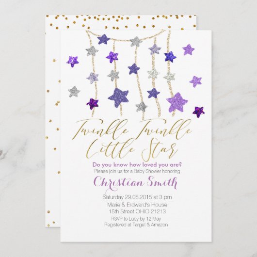 紫色の薄紫のきらめきはベビーシャワーを主演します 招待状 (正面/裏面)