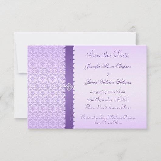 紫色の薄紫のダマスク織のセーブ・ザ・デート案内 セーブザデート (正面)