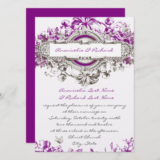 紫色の薄紫のヴィンテージの花柄の結婚式招待状 招待状 (正面/裏面)