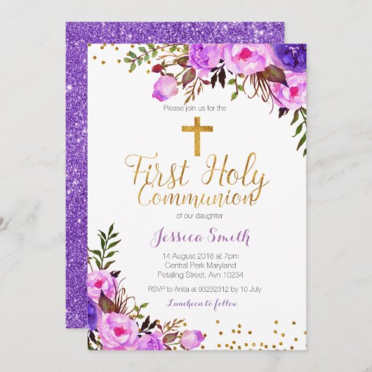 紫色の薄紫の女の子の《キリスト教》洗礼式や命名式の招待状カード 招待状 (正面/裏面)