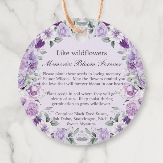 紫色の薄紫フローラメモリアル葬儀シードパケット フェイバータグ (裏面)