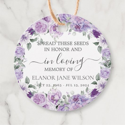 紫色の薄紫フローラメモリアル葬儀シードパケット フェイバータグ (正面)