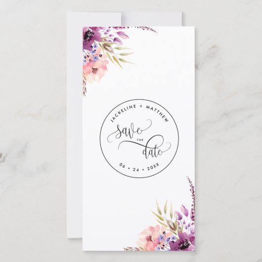 紫色の薄紫フローラ結婚式の日付ブックマークの保存 (裏面)