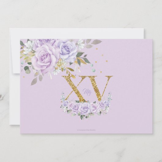 紫色の薄紫フローラ金ゴールドXV Quinceaenera 15写真 招待状 (裏面)