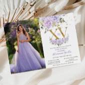 紫色の薄紫フローラ金ゴールドXV Quinceaenera 15写真 招待状
