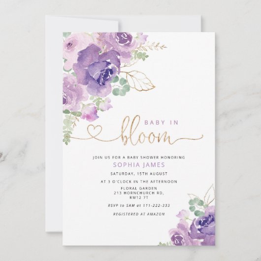 紫色の薄紫ベビー開花の赤ちゃんシャワー招待 招待状 (正面)