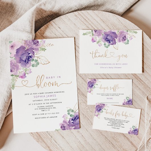 紫色の薄紫ベビー開花の赤ちゃんシャワー招待 招待状