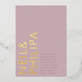 紫色の薄紫モダン名シンプル結婚の 箔招待状 (正面)