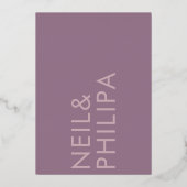 紫色の薄紫モダン名シンプル結婚の 箔招待状 (裏面)