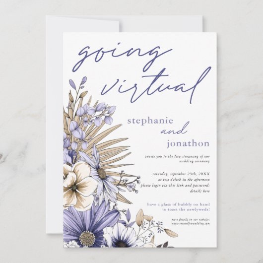 紫色の薄紫水色花模様Virtual 結婚's 招待状 (正面)