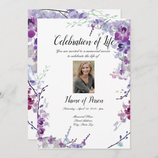 紫色の蘭の葬儀の発表の招待状 招待状 (正面/裏面)