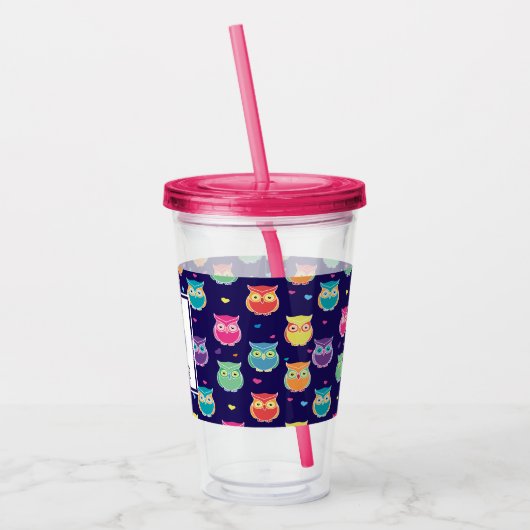紫色の虹のフクロウパターンモノグラムのな女の子 アクリルタンブラー (左)