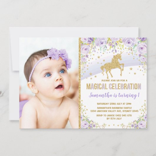紫色の虹のユニコーンのラベンダーの金ゴールドの誕生日 招待状 (正面)