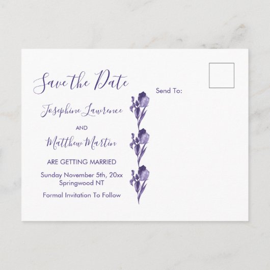 紫色の虹彩フローラ日付の保存 案内ポストカード (裏面)