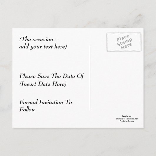 紫色の虹彩花の写真ポストカードの日付を保存 案内ポストカード (裏面)
