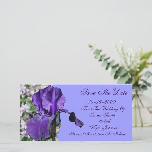 紫色の虹彩花結婚式の日付を保存 セーブザデート (スタンド正面)