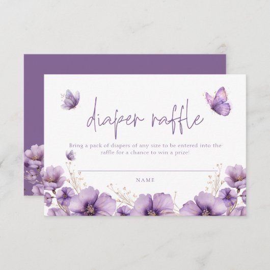 紫色の蝶おむつラッフルカードベビーシャワー エンクロージャーカード (正面/裏面)
