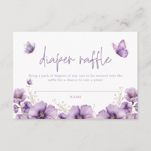 紫色の蝶おむつラッフルカードベビーシャワー エンクロージャーカード (正面)