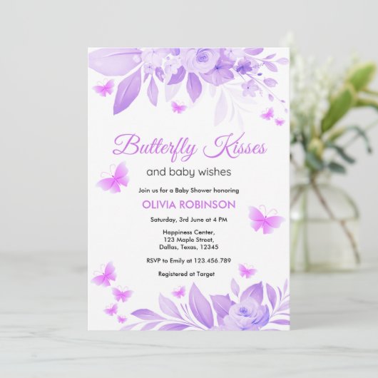 紫色の蝶のキスとベビーウィッシュベイビーシャワー 招待状 (スタンド正面)