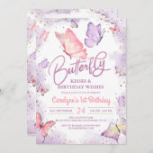 紫色の蝶のキスと誕生日の願い 招待状 (正面/裏面)