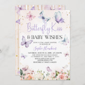 紫色の蝶のキスベビーガールベビーシャワー 招待状 (正面/裏面)