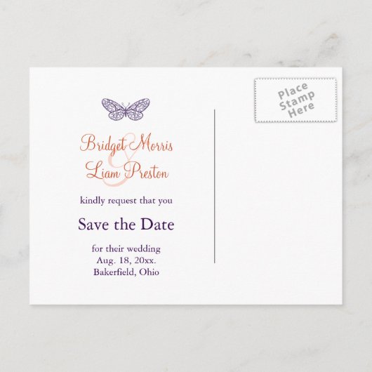 紫色の蝶のキス日付を保存 案内ポストカード (裏面)