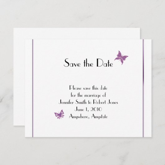 紫色の蝶のハート結婚式の日付を保存 セーブザデート (正面/裏面)