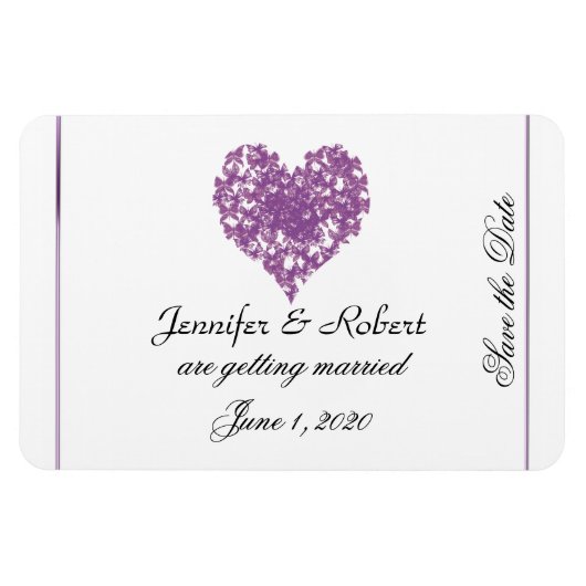 紫色の蝶のハート結婚式の日付を保存 マグネット (横)