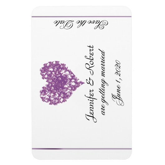 紫色の蝶のハート結婚式の日付を保存 マグネット (縦)