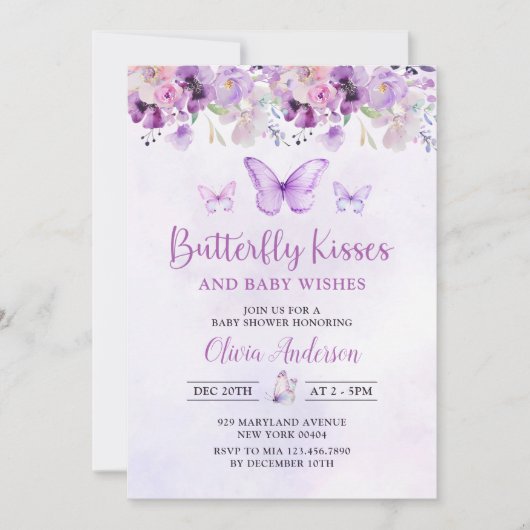 紫色の蝶のフローラ女の子の赤ちゃんシャワー 招待状 (正面)