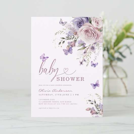 紫色の蝶のフローラ赤ちゃんシャワー 招待状 (スタンド正面)