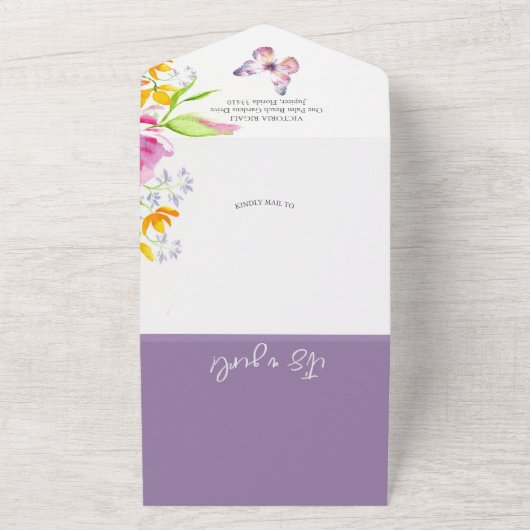 紫色の蝶のベビーシャワー招待状 オールインワン招待状 (外側)