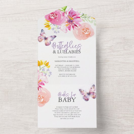 紫色の蝶のベビーシャワー招待状 オールインワン招待状 (内側)