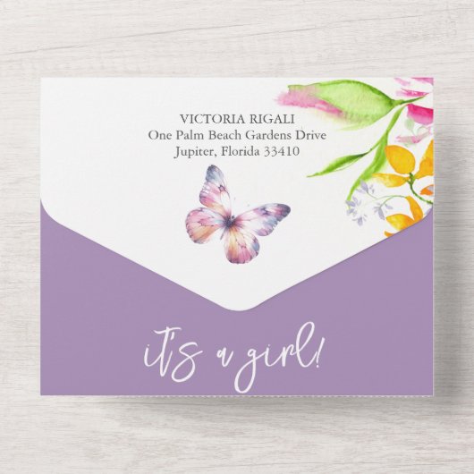 紫色の蝶のベビーシャワー招待状 オールインワン招待状 (裏面)