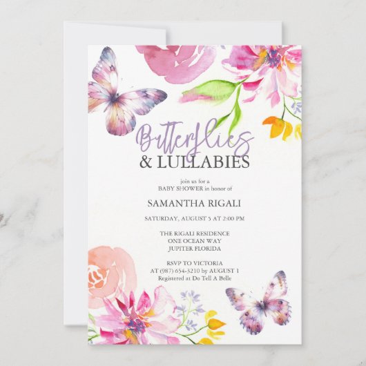 紫色の蝶のベビーシャワー招待状 招待状 (正面)