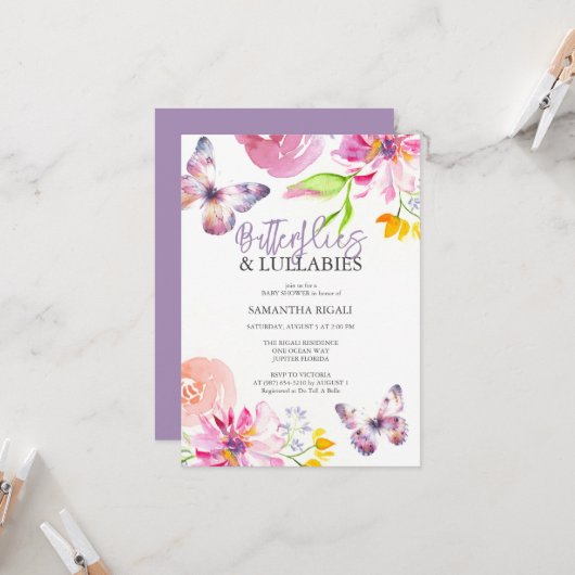 紫色の蝶のベビーシャワー招待状 招待状 (正面/裏面インサイチュ)