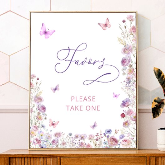 紫色の蝶のワイルドフラワーベビーシャワーの好意 ポスター