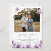紫色の蝶の写真ベビーショーサンキューカード 招待状 (正面)