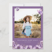 紫色の蝶の写真ベビーショーサンキューカード 招待状 (裏面)