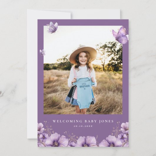 紫色の蝶の写真ベビーショーサンキューカード 招待状 (裏面)