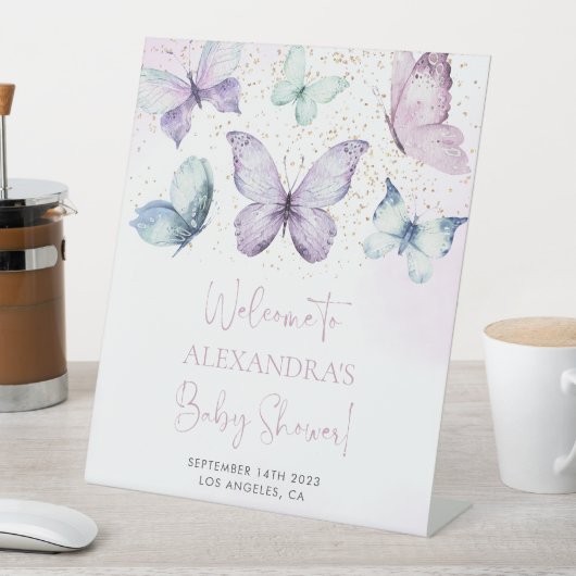 紫色の蝶の女の子の赤ちゃんシャワー歓迎サイン 台座サイン (インサイチュ)